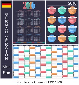 Collection of German calendars for year 2016, week starts on Monday, vector illustration