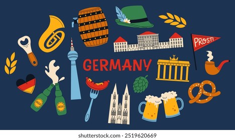 Collection of German cultural landmarks, food and symbols. Flat vector illustration.