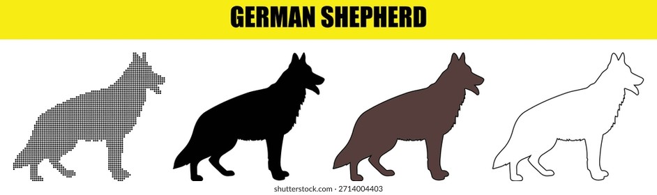 Collection of German Shepherd dog illustrations in various graphic forms