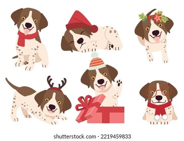 The collection of German Shorthaired Pointer in many actions for Christmas theme. Graphic resource about bulldog for graphic, content, etc.