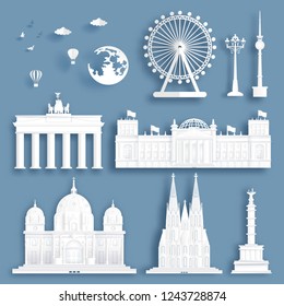 Collection of Germany famous landmarks in paper cut style vector illustration.