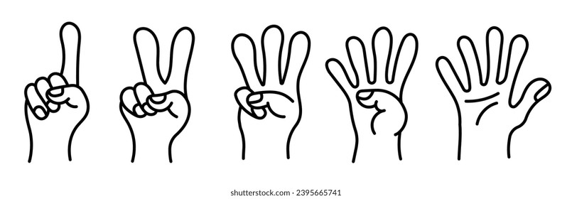  Collection of gesture signs from human hands. A set of fingers showing emotions. line gesture finger design elements. communication expressions with hand sign in doodle style. vector editable