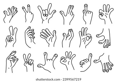  Collection of gesture signs from human hands. A set of fingers showing emotions. line gesture finger design elements. communication expressions with hand sign in doodle style. vector editable