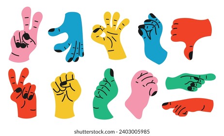 Collection of gesture signs from human hands. A set of fingers showing emotions and directions. gesture finger in flat design. communication expressions with hand sign in trendy style. vector icon.