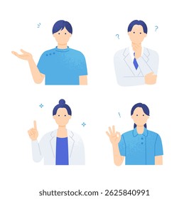 Collection of gestures of doctors and caregivers. Men and women in white coats and medical uniforms.