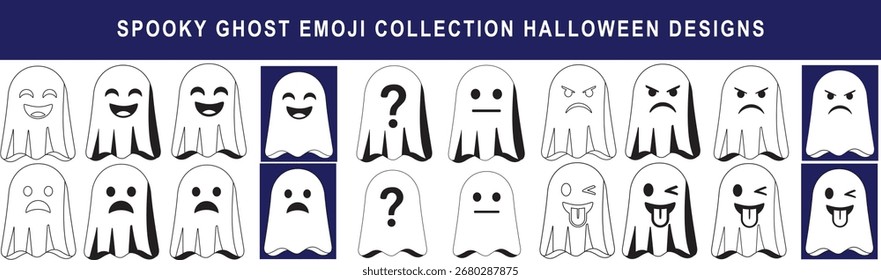 Colección de emojis fantasmas que expresan diferentes emociones. Ideal para diseños de Halloween, añadiendo un toque espeluznante a las redes sociales y tarjetas de felicitación.
