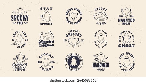Collection of Ghost logo, badges and labels.Ghost spooky emblems. Halloween signs set for poster, emblem, party invitation designs. Print for t-shirt, tee. 15 spooky logo designs. Vector illustration