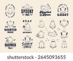 Collection of Ghost logos, emblems, labels, badges. Set of 8 logo templates and 9 ghost icons for logo, poster, flyer, banner design. Print for t-shirt. Vector templates