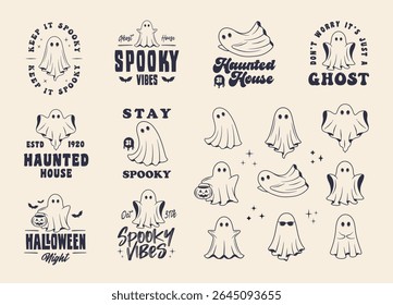 Collection of Ghost logos, emblems, labels, badges. Set of 8 logo templates and 9 ghost icons for logo, poster, flyer, banner design. Print for t-shirt. Vector templates