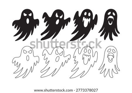 A collection of ghost shapes, including black silhouettes and white line drawings, isolated on a white background.