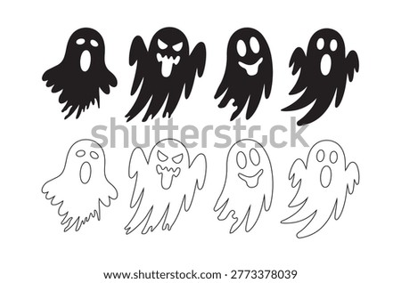 A collection of ghost silhouettes and line drawings, perfect for halloween designs and spooky illustrations.