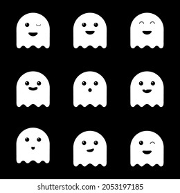 Collection of ghosts with different emotions. Set for Halloween. 9 ghosts on black background. Vector illustration