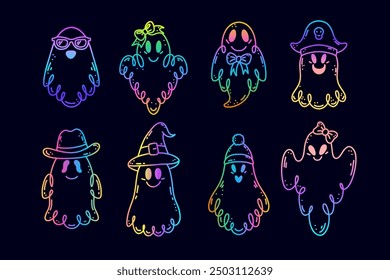 Collection of ghosts in doodle style with gradient colors.