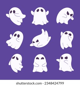 Collection of ghosts in white robes with scary faces. for decoration on Halloween