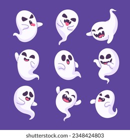 Collection of ghosts in white robes with scary faces. for decoration on Halloween