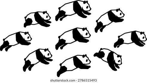 Collection of giant panda bear silhouettes in playful jumping poses isolated on white background for wildlife art