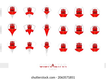 Collection of the Gibraltar flag in different shapes and with three different effects. Vector flag set.