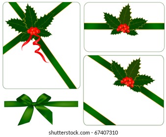 Collection of gift bows with ribbons and holly. Vector.