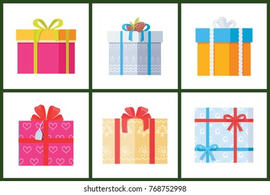 Collection gift box presents wrapped packages icons vector illustrations. Packed holiday boxings with bows and ribbons isolated on white flat style