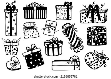 Collection of gift boxes doodle sketches.Vector graphics.