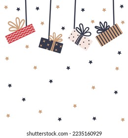 A collection of gift boxes hanging from above. New year, Christmas, Birthday presents. Happy holiday concept. Shopping and sale.