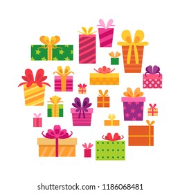 Collection of gift boxes isolated on white background. New Year's and Christmas bright decor in cartoon style. Decoration of Xmas pictures. Flat. Templates for holiday banners, print and cards.