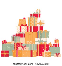 Collection of gift boxes isolated on white background. Big pile of surprises. Mountain of gifts.Vector illustration in cartoon style