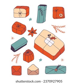 collection of gift boxes. Open the gift box. Decorative holiday object. New Year and Christmas design. Holiday banner, poster, flyer, stylish brochure, greeting card, Christmas background. Vector illu