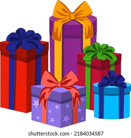 Collection of gift boxes with ribbon bows. Flat vector design, decorative elements.