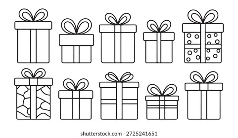 Colección de cajas de regalo con cintas y arcos, iconos vectoriales mínimos para la entrega de regalos y compras navideñas