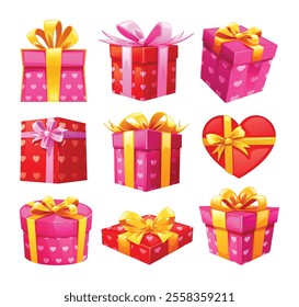 Collection of gift boxes with ribbons, heart shape and patterns, perfect for Valentine's Day. Vector cartoon illustration