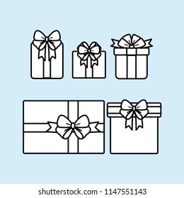 Collection of gift boxes with satin bows.Flat cartoon isolated illustration on a white background. Christmas, new year birthday gift concept.