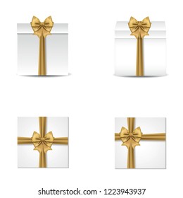 Collection of gift boxes with satin red bows. Realistic vector illustration.