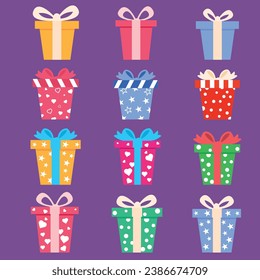 A collection of gift boxes. Set of colorful wrapped gift boxes. Christmas gift box with an overpowering bow. gifts with ribbon. Birthday presents for postcard, greeting card. Flat Vector.