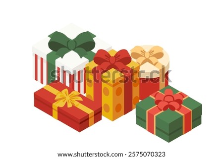 Collection of gift boxes wrapped in red, green, and yellow wrapping paper, tied with bows. Boxes are arranged in a stacked layout, varying in size and decoration. Vector illustration