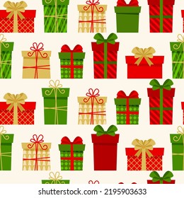 Collection of gift boxses. Christmas festive seamless pattern. Endless texture for wallpaper, wrapping paper. Vector illustration