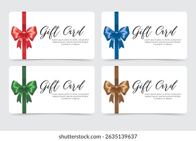 Collection of gift cards with elegant ribbons in various colors and festive message design.