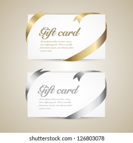 Collection of gift cards and invitations with gold and silver ribbons. Vector background