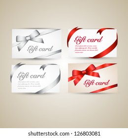 Collection of gift cards and invitations with red and silver ribbons. Vector background