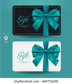 Collection of gift cards with turquoise ribbons bow and metal background. Detailed and realistic Vector illustration.