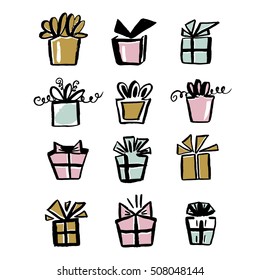 Collection of gift icons make with brush and ink. Hand drawn presents isolated on white. Vector Set of gift icon