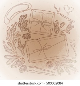 Collection of gift package drawn in line art style. Vector design elements isolated on the vintage background in ocher colors.