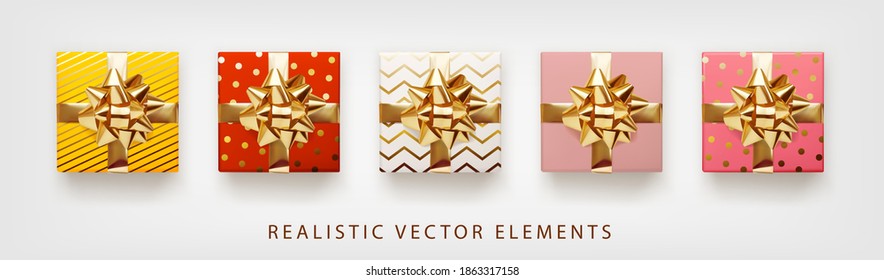 Collection of gift presents with golden foil bow. Set of 3d realistic gift boxes with pattern red, pink, yellow, white, beige colors.