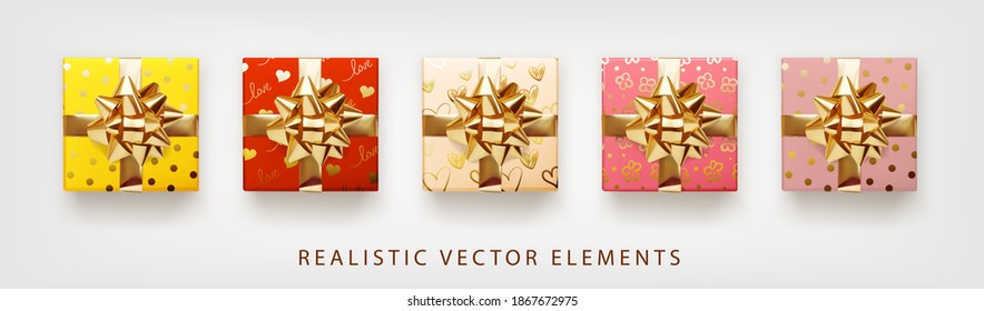 Collection of gift presents with golden foil bow. Set of 3d realistic gift boxes with pattern red, pink, yellow, white, beige colors.