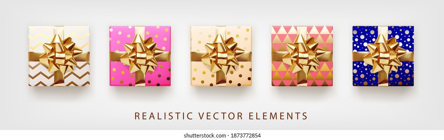 Collection of gift presents with golden foil bow. Set of 3d realistic gift boxes with pattern white, pink, beige, blue colors.