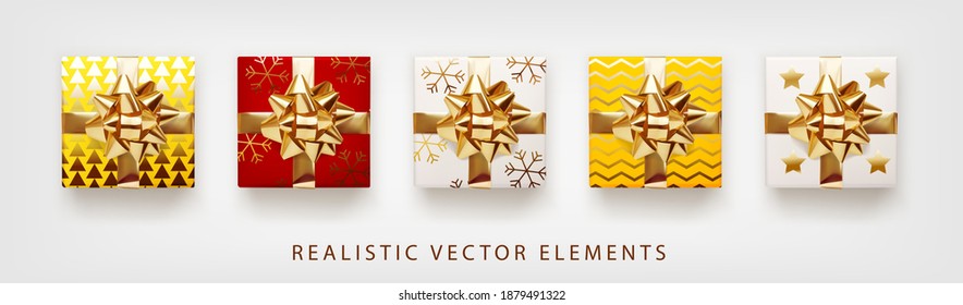 Collection of gift presents with golden foil bow. Set of 3d realistic gift boxes with pattern red, yellow, white colors.