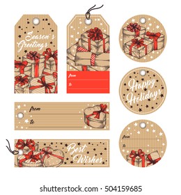 Collection of gift tags, badges, labels template in retro style. Set of gift paper tags with hand drawn graphic sketch of boxes with presents