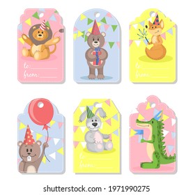 collection of gift tags with cute animals. vector illustration of greeting cards for holidays, birthday .