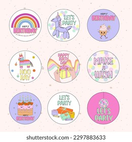Collection of gift tags with retro birthday elements. Editable vector illustration. Retro stickers with Birthday elements and quotes.