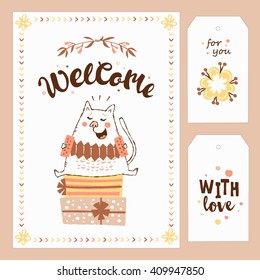Collection of gift tags and Welcome Sign. Birthday party design elements set with cats, flowers and hand lettering